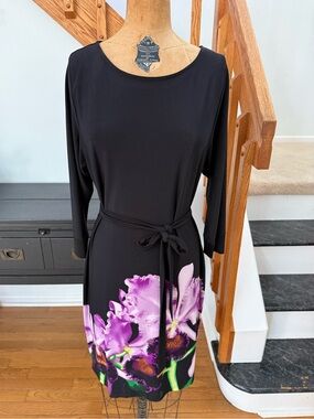 Calvin Klein Black Long Sleeve Dress with Purple Floral Hem